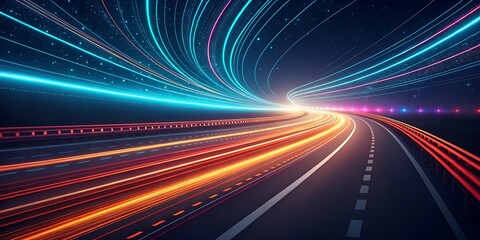 Abstract representation of highspeed travel on a futuristic highway at night, with streaks of blue and red light blurring into motion, symbolizing speed and progress.