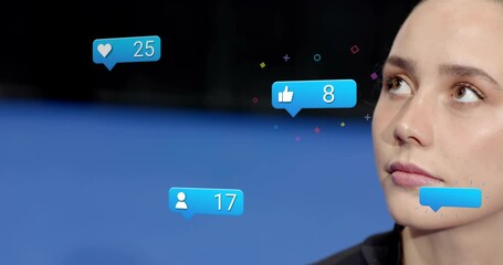 woman gazing left while social media like heart comment icons appearing overhead showing engagement - Powered by Adobe