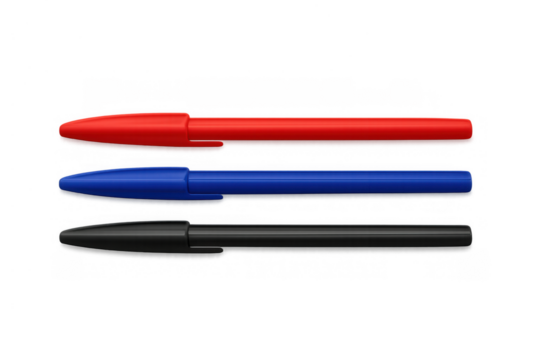 Ballpoint pens set in red, blue, and black for office, school, business, and writing concepts