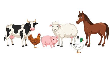 Naklejka premium Illustration showcasing a variety of farm animals including a cow, chicken, pig, sheep, duck and horse