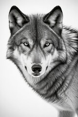 Fototapeta premium Detailliertes Porträt eines majestätischen Wolfes in Schwarz-Weiß mit scharfen Augen und markanter Fellstruktur
