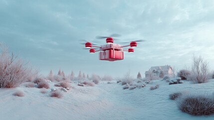 Red drone flying over a snowy landscape. the drone has four propellers and a camera attached to it. the sky is blue with white clouds and the ground is covered in a thick layer of snow.