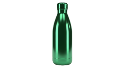 Sleek green metallic water bottle against a black backdrop for hydration and sustainable living promotion and healthy lifestyle images