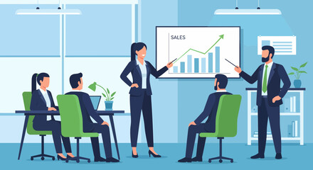 Obraz premium Business Presentation Showing Sales Growth To Team In Modern Office