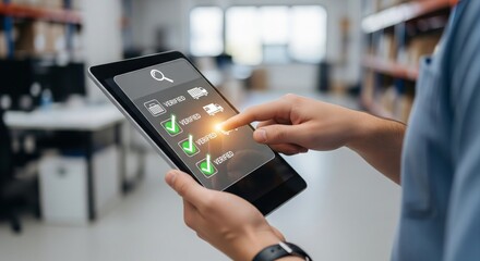 Logistics Manager Verifying Shipment on a Clean Digital Checklist. logistics manager hand using a tablet to check off items on a glowing, translucent digital checklist.