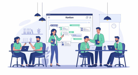 Fototapeta premium Diverse Team Discussing Kanban Board Strategy in Modern Office