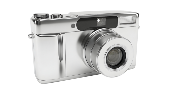 Sleek silver digital camera with a modern design perfect for photography enthusiasts and professional photographers capturing high quality images