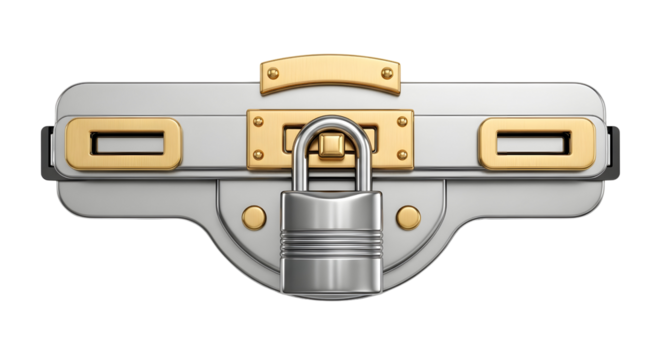 Silver padlock securing a metal briefcase with gold accents against a for security and protection concepts and designs