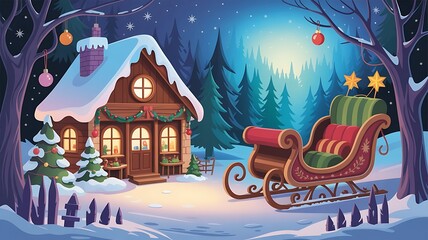 Christmas night scene with a cozy cabin and santas sleigh in the woods