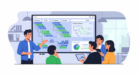 Team Discussing Project Metrics And Workflow Management At Meeting