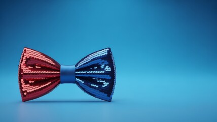 A sparkling red and blue sequined bow tie on a solid blue background, representing formal wear and celebration