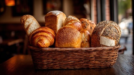 A table with a wooden surface has a basket containing loaves of bread and a nearby glass of wine