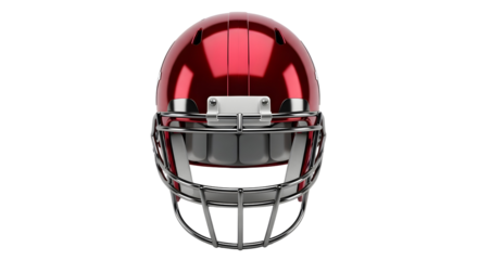 Front view of a shiny red football helmet with a silver facemask perfect for sports equipment advertising and design use