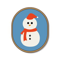A cheerful snowman icon set against a solid light blue circular background. The snowman is made of white shapes, wearing a bright red Santa hat and scarf, with simple black dot eyes and buttons