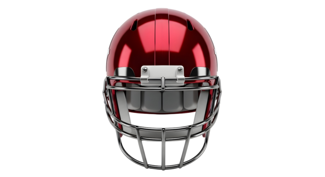 Front view of a shiny red football helmet with a silver facemask perfect for sports equipment advertising and design use - Powered by Adobe