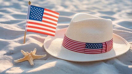 A straw fedora hat with an american flag and a starfish on a sandy beach, symbolizing a patriotic summer beach vacation