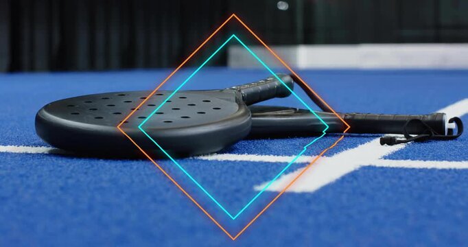 At start cyan line rising along handle and diamond outlines pulsing to highlight padel rackets
