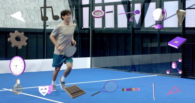 Entering court padel player grabbing ball practicing swing for fitness with floating purple icons