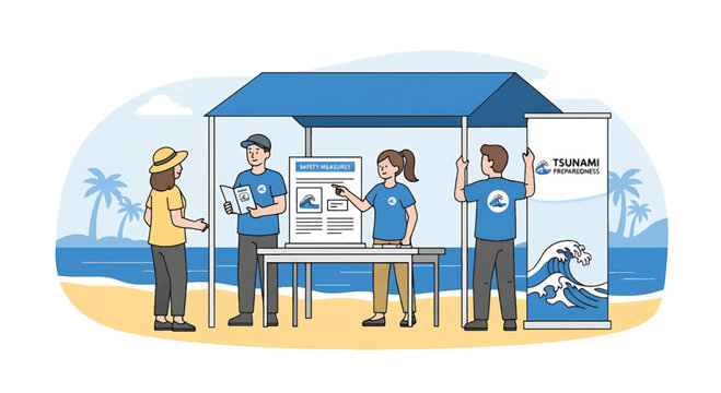 Illustration of people setting up a blue information booth on a beach with a tsunami warning sign, conveying a sense of disaster preparedness.