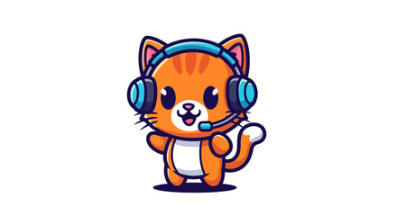 Adorable cartoon cat wearing gaming headset and microphone, ready for action and communication in a vibrant, playful style.