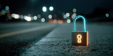 A glowing padlock icon over a city at night, representing smart city cybersecurity
