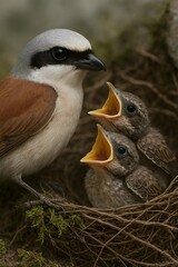 Fototapeta premium Close-range eye-level portrait of red-backed shrike at nest with two chicks, moss and root fiber weave readable thread-by-thread, soft northern overcast light
