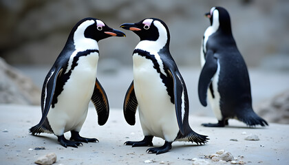Obraz premium Three African penguins standing together on a sandy beach in natural light