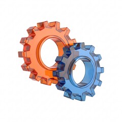3D Gears Icon. Glassmorphism symbol for engineering, technology, and teamwork process. Interlocking cogs isolated on white background.