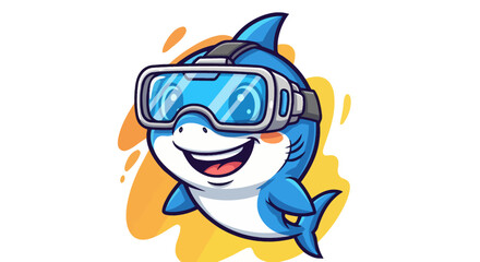 Excited cartoon shark diving into virtual reality adventure wearing VR goggles, perfect for gaming and tech promotions
