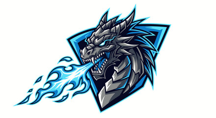 Fierce metallic dragon head unleashing icy blue fire breathes power and intensity for modern gaming esports and fantasy themes