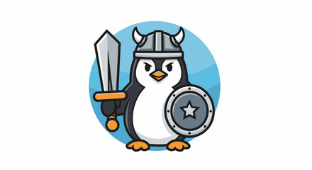 Brave penguin warrior ready for battle with sword and shield, embodying strength and determination in a playful cartoon style.