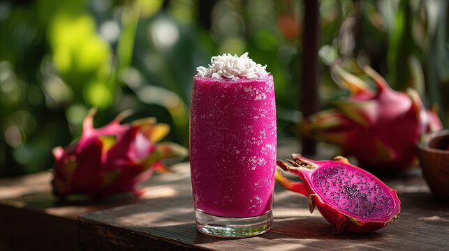   A dragon fruit smoothie rests beside a partially consumed dragonfruit and dragonfruit
