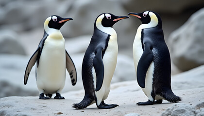 Obraz premium Three emperor penguins standing together on a rocky surface