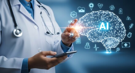 Doctor interacting with an artificial intelligence brain hologram and medical icons on a digital interface