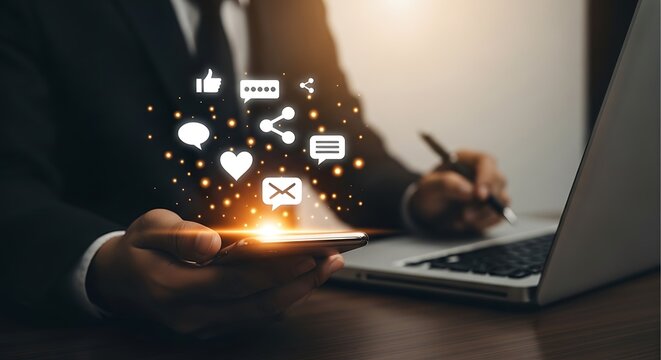 Businessman holding a glowing digital network of social media icons and communication symbols while working on a laptop computer