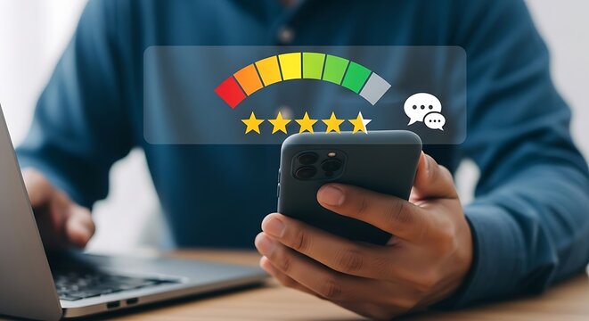 Person holding smartphone with customer satisfaction rating meter and five star review glowing on screen