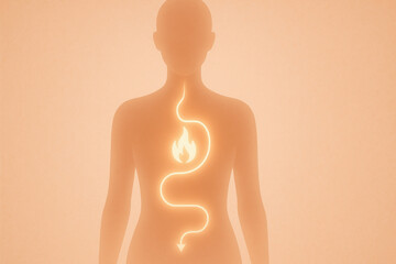 Natural glp-1 supplement healthy weight loss wellness concept glowing digestive tract illustration showing stomach fire and downward pathway implying metabolism and appetite control