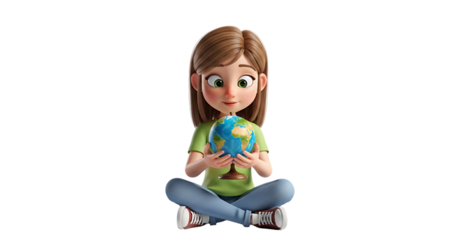 A young girl holding a globe isolated on transparent background, sitting crosslegged