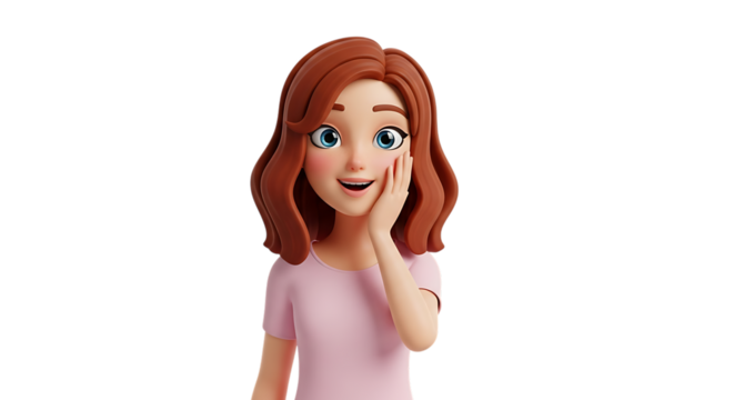 Cartoon woman with hand on cheek looking surprised isolated on transparent background - Powered by Adobe