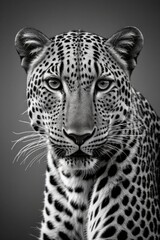 Obraz premium Detailliertes schwarz-weiß Porträt eines Leoparden im Realismus-Stil