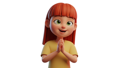Cartoon girl with red hair isolated on transparent background praying with hands