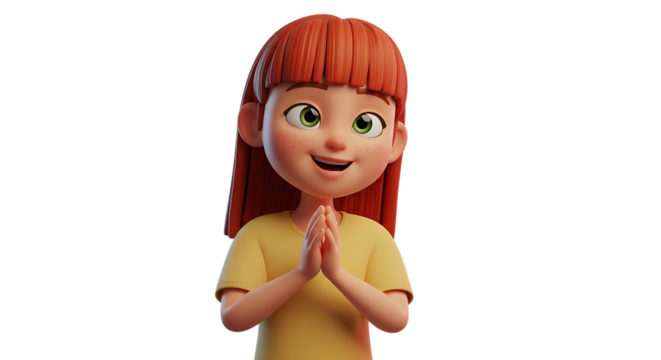 Cartoon girl with red hair isolated on transparent background praying with hands