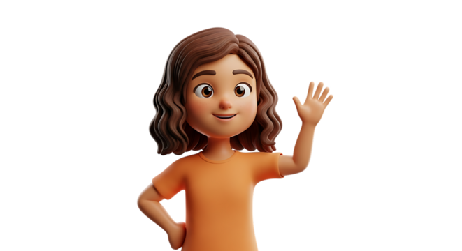 Cartoon girl waving isolated on transparent background, wearing an orange tshirt