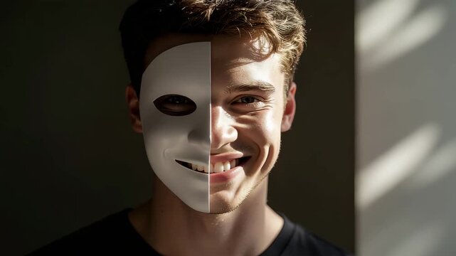 Dramatic Portrait of Young Man Wearing Half White Mask in Shadow Representing Hidden Identity