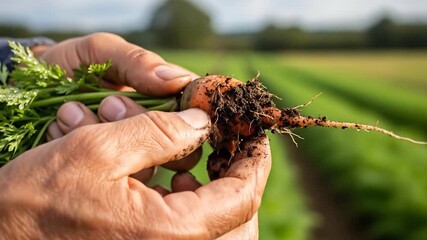 Freshly harvested organic carrot held by hands in farm field sunlight