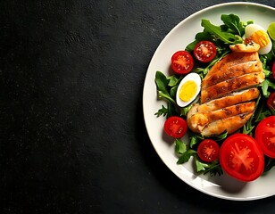 Hard-boiled eggs, fresh tomatoes, lush greens, and grilled chicken breast on a plate