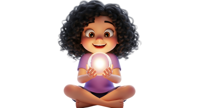 Girl with curly hair holding a glowing orb isolated on transparent background