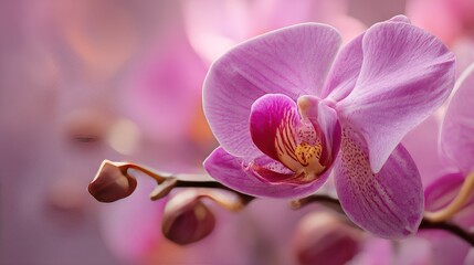 Obraz premium A zoomed-in photo of a pink blossom on a twig surrounded by other blooms, set against a hazy background