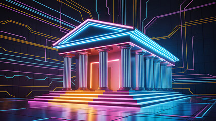 Futuristic bank building with neon lights digital finance concept modern architecture
