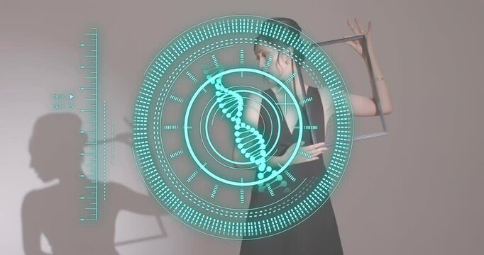 Model holding black frame at shoulder and activating spinning DNA graphic for biotech demonstration
